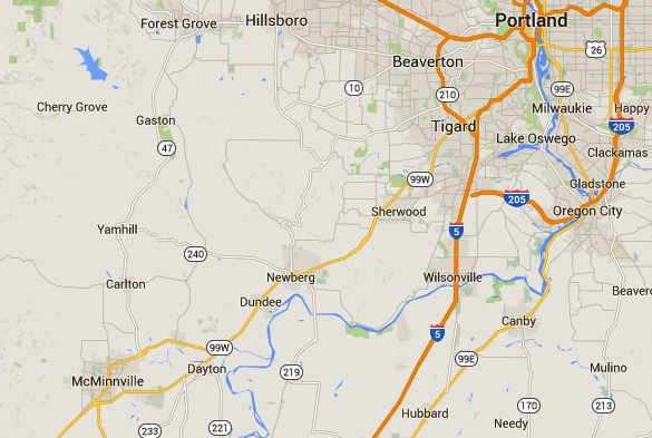 McMinnville is about 40 miles southwest of Portland, Oregon. (Credit: Google Maps)