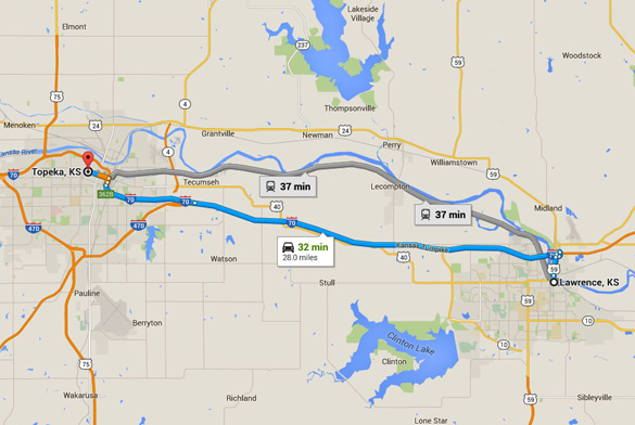 Lawrence, KS, is about 28 miles east of Topeka, KS. (Credit: Google)