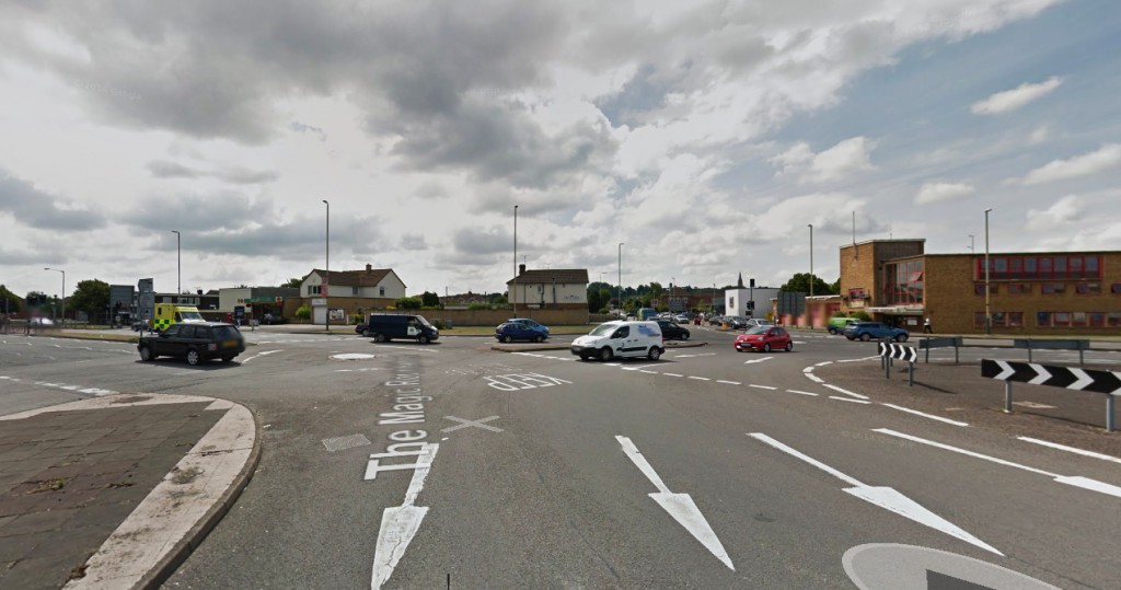 The object was triangle-shaped and the area immediately underneath the craft was very brightly illuminated by the powerful lights. Pictured: Magic Roundabout Intersection near Drove Road. (Credit: Google)