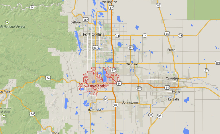 The object eventually appeared to land. Loveland is located about 15 miles directly south of Fort Collins. (Credit: Google)