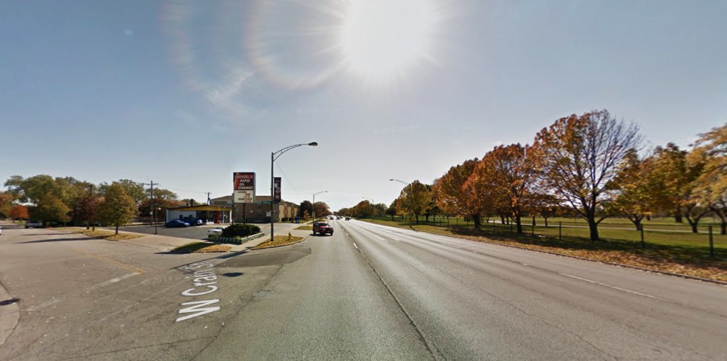 The objects were described as basketball-sized spheres, approximately five-times the size of the strobe lights on an airplane, with a shimmery white halo completely circling the sphere. Pictured: The 8700 block of North Milwaukee Avenue, Niles, Illinois. (Credit: Google)