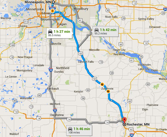 Rochester, MN, is about 86 miles southeast of Minneapolis. (Credit: Google Maps)