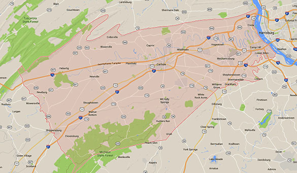 Cumberland County, PA, is located just west of the Harrisburg area. (Credit: Google)