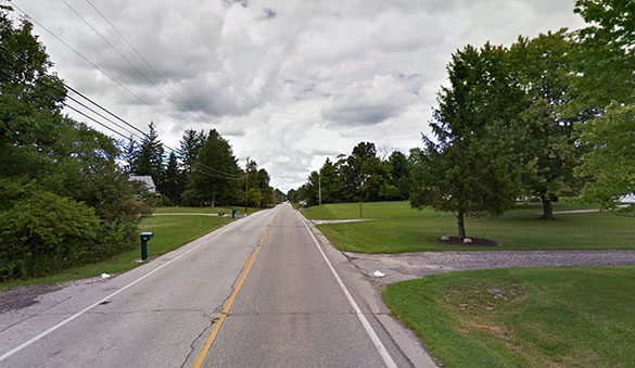 The witness discovered a sphere hovering at the tree top level. Pictured: Chaffee Road in Sagamore Hills Township, Ohio. (Credit: Google)