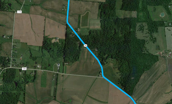 The witness said the UFO hovered over their truck as they stopped along rural Route 56 between Sidney and London, Ohio. (Credit: Google Maps)