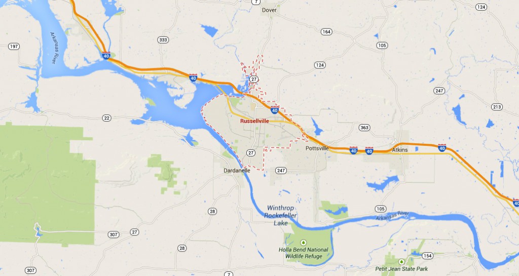 Russellville is about 75 miles northwest of Little Rock, Arkansas. (Credit: Google)