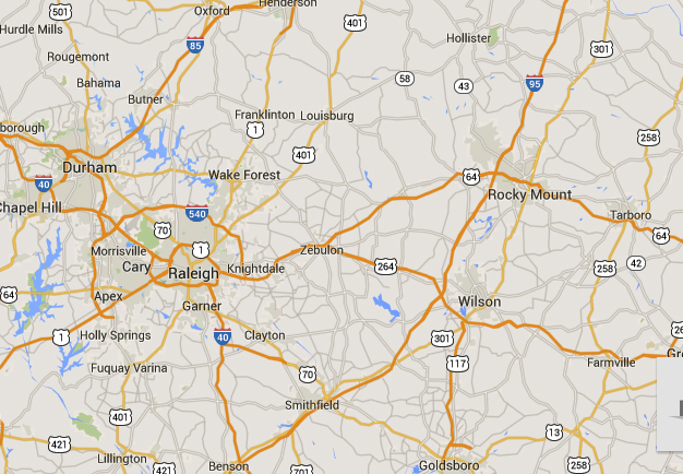 Rocky Mount is about 57 miles east of Raleigh, NC. (Credit: Google)