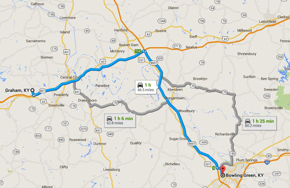 Graham is about 60 miles northwest of Bowling Green, Kentucky. (Credit: Google Maps)