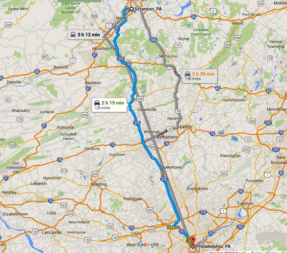 Scranton is about 130 miles northwest of Philadelphia. (Credit: Google)