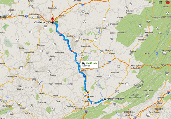 Peterstown is about 100 miles southeast of Charleston, West Virginia. (Credit: Google Maps)