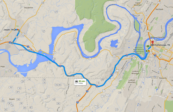 Jasper is about 27 miles directly west of Chattanooga, TN. (Credit: Google Maps)