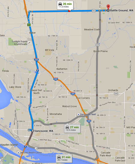 Battle Ground is about 16 miles northeast of Vancouver, WA. (Credit: Google)