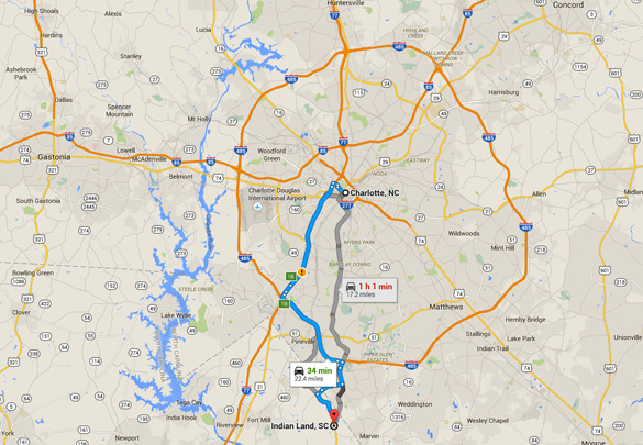 Indian Land is about 20 miles directly south of Charlotte, South Carolina. (Credit: Google)