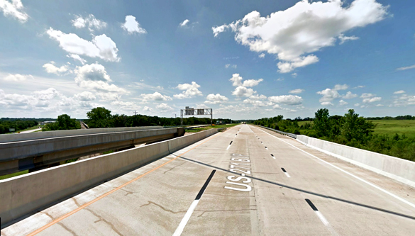 The object then appeared to be disc-shaped, and shot directly vertical at high speed. Pictured: Indian Nation Turnpike near Hugo, Oklahoma, pictured. (Credit: Google)