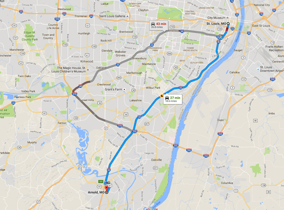 Arnold is about 20 miles southwest of St. Louis, MO. (Credit: Google)