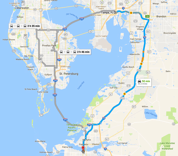 Bradenton is about 45 south of Tampa, FL. (Credit: Google)