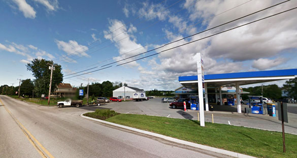 The witness described the object as triangular but with a round shape with smaller circles underneath. Pictured: Snow’s Corner Gas Station in Orrington where the object was first seen. (Credit: Google Maps)