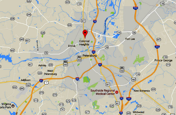 Colonial Heights is about 23 miles south of Richmond, VA. (Credit: Google)
