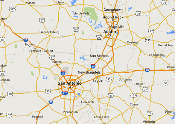 Austin is about 80 miles northeast of San Antonio, TX. (Credit: Google Maps)
