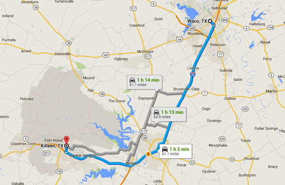 Killeen, TX, is about 60 miles southwest of Waco, TX. (Credit: Google)