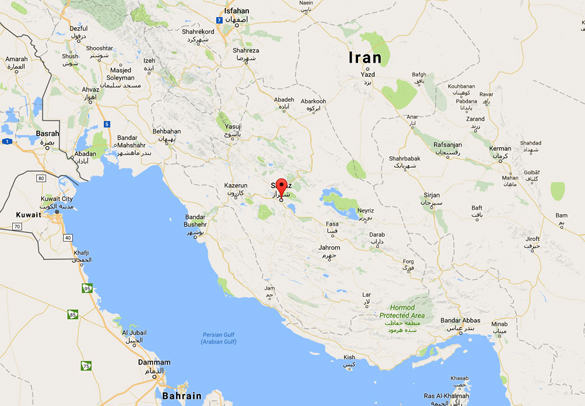 The Iranian witness said the low flying triangle UFO shone blue light on the area below. Pictured: Shiraz is in southwestern Iran. (Credit: Google)