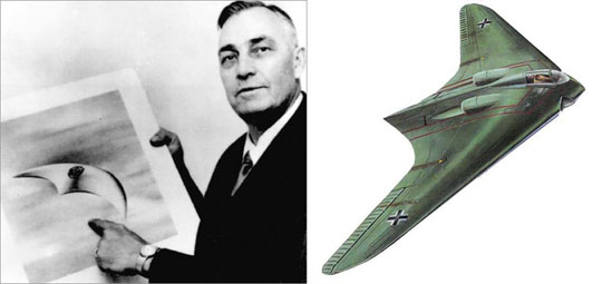 Left: Kenneth Arnold with an illustration of a UFO he saw in 1947. Right: Illustration of a flying wing.