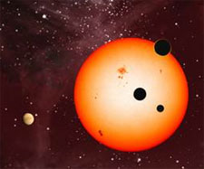 Artist's illustration of extrasolar planets discovered around the star Kepler 11 by the Kepler Space Telescope (credit: Nature)