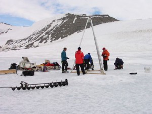The research team drilling into Lake Hodgson. (Credit: BAS)