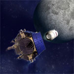 Rendering of the LCROSS 'bombing' the moon. (credit: NASA)