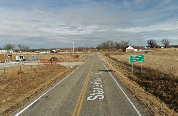 The couple was driving along a stretch of Highway A near Long Lane, MO, pictured, when they approached and drove under the hovering triangle-shaped object. (Credit: Google)