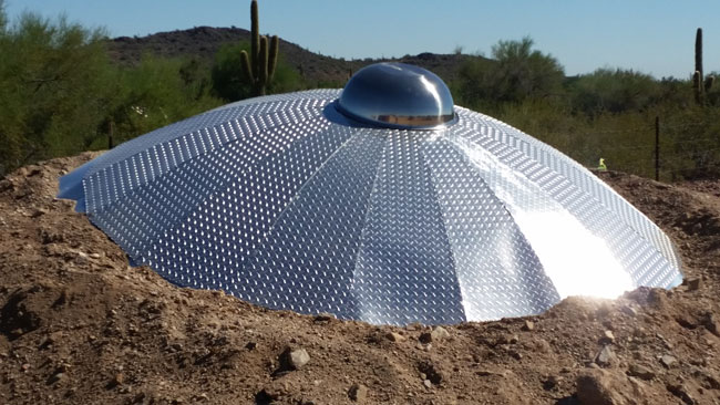 The UFO model created for MUFON’s Arizona desert Boot Camp was first observed by a private pilot – which seemed to trigger two F16 fighter jets to show up and a sheriff’s department helicopter. (Credit: MUFON)