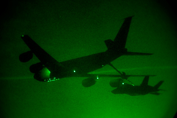 The first F-35 night refueling mission, March 22, 2012 at Edwards Air Force Base, Calif. (Credit: Lockheed-Martin)