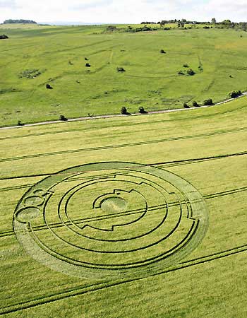 Crop Circle near Bradbury Castle in Wiltshire. It was found to be a representation of Pi and is now used as our OpenMinds Production logo (image credit: Lucy Pringle).
