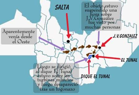 The path the UFO is believed to have taken from near Salta to JV Ganzalez and then on to the damn near El Tunal.