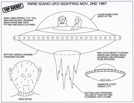 Illustration of the craft and beings in the Idaho sighting (credit: Michael Schratt).