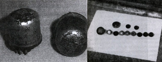Left: German Klystron tube of 1940-1941. Right: German semiconductor chips