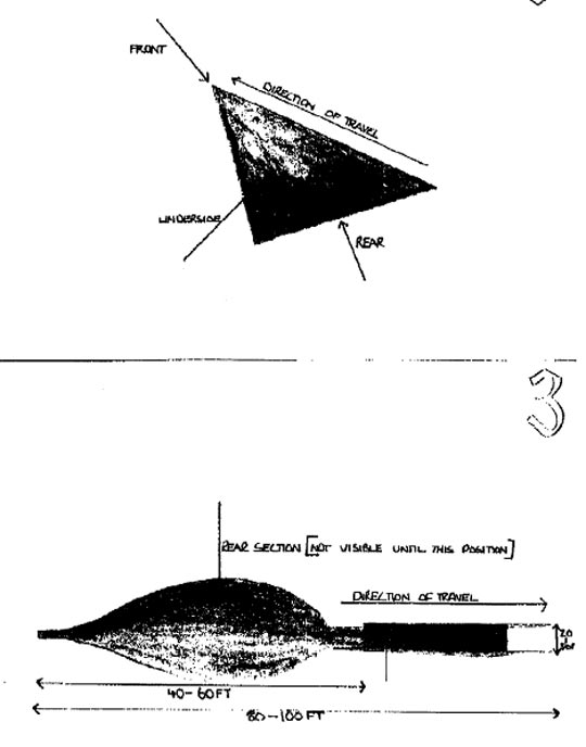 Drawing by pilots of UFO that nearly missed their commercial airline.