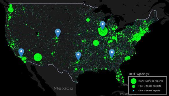 Map of sightings near the 5 busiest aiports in the United States. (Credit: Max Galka/Metrocosm.com)
