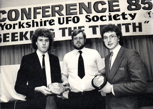 From left: Mark Birdsall, Graham Birdsall and Philip Mantle at the Yorkshire UFO Society conference in 1985. (Credit: Philip Mantle)